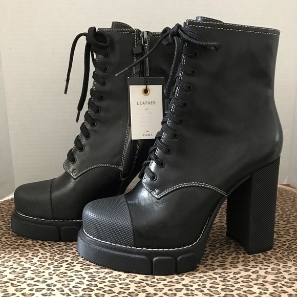 Zara Leather High Heel Ankle Boots Lug Soles Black - Picture 5 of 10